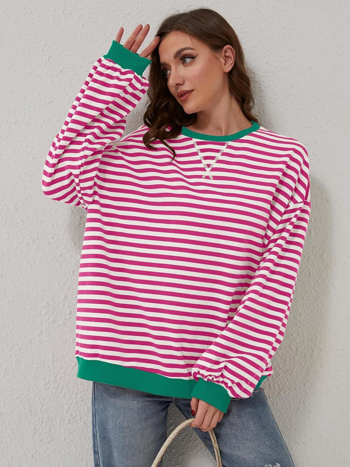 Contrast Striped Long Sleeve Sweatshirt - Deep Rose -