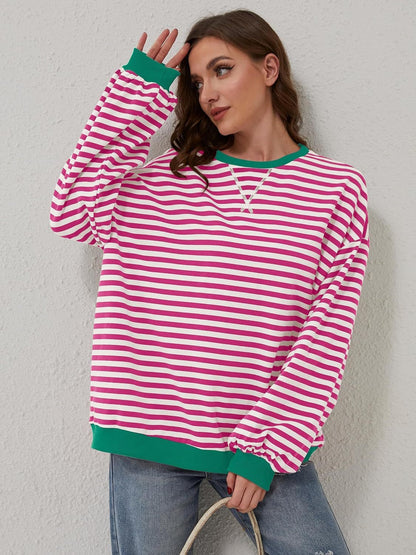 Contrast Striped Long Sleeve Sweatshirt - Deep Rose -