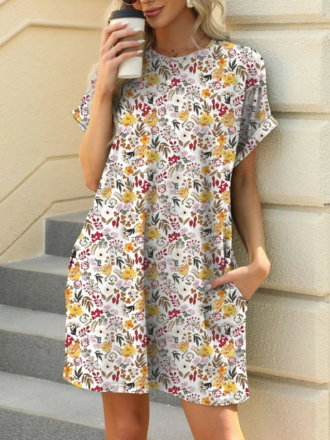 Printed Mini Dress – Pretty Round Neck Summer Chique - Floral -