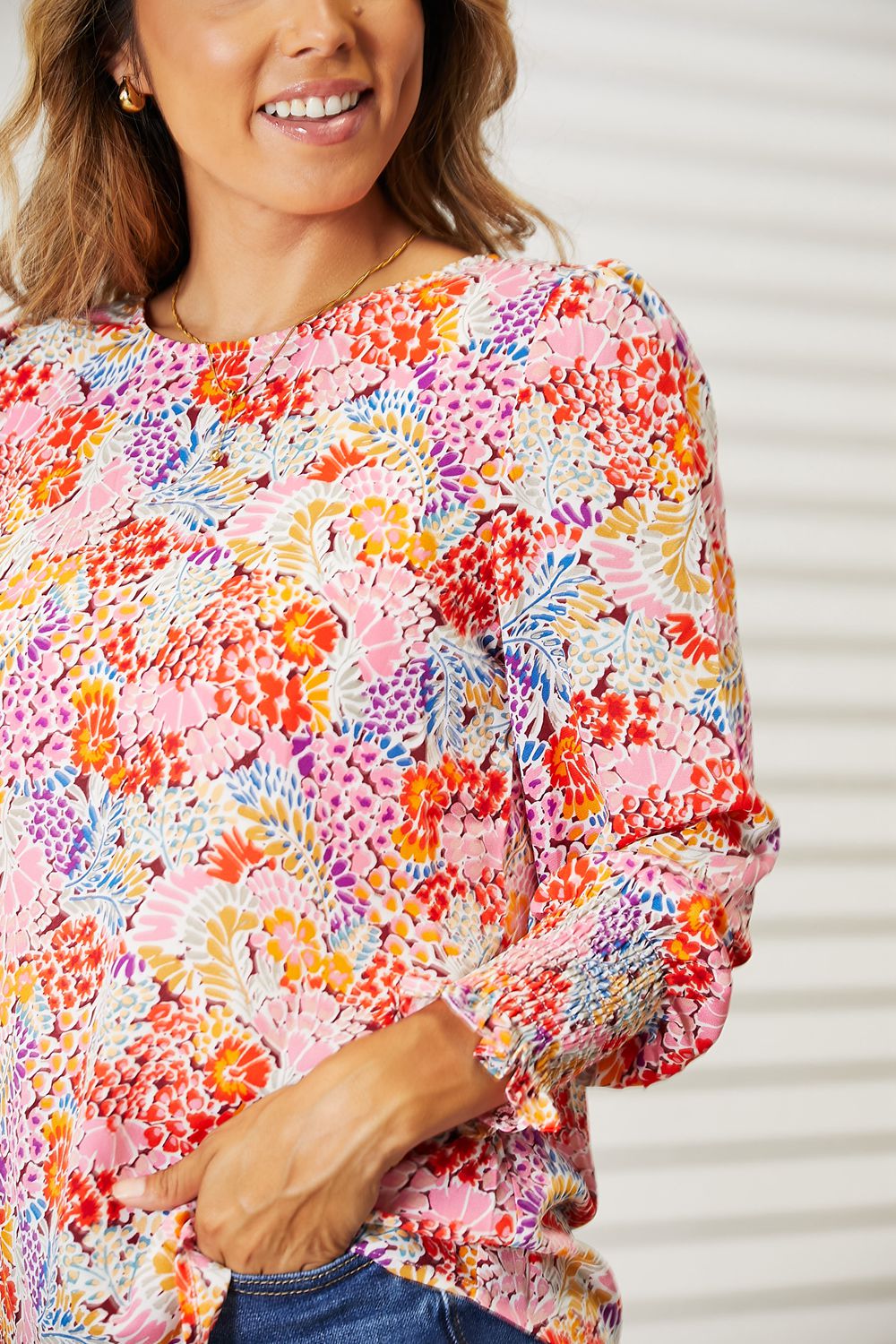 Double Take Floral Print Long Puff Sleeve Blouse - -