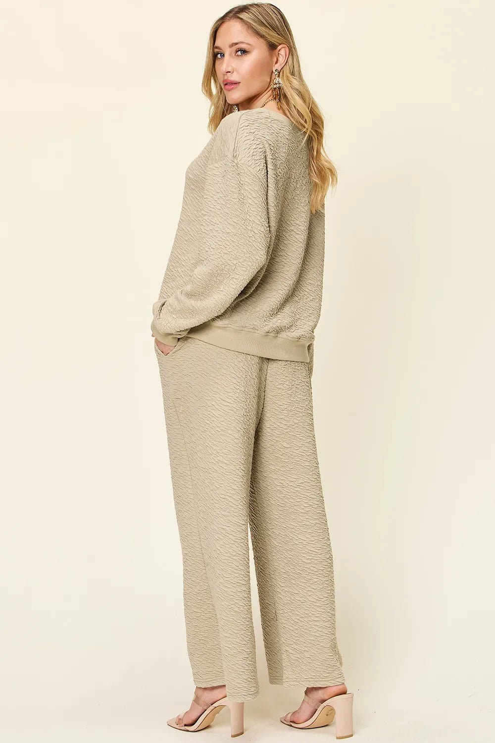 Double Take Full Size Texture Long Sleeve Top and Pants Set - -
