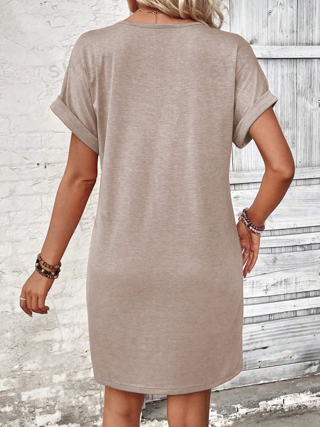 Quarter Button V-Neck Short Sleeve Dress - -