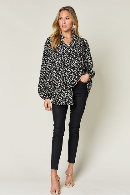 Double Take Full Size Leopard Long Sleeve Blouse - -