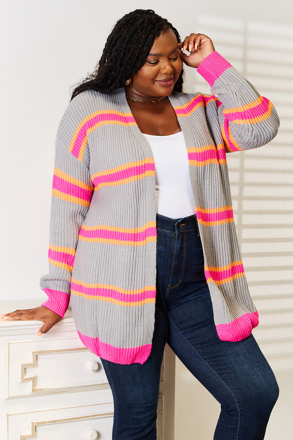 Woven Right Ribbed Long Sleeve Cardigan - -