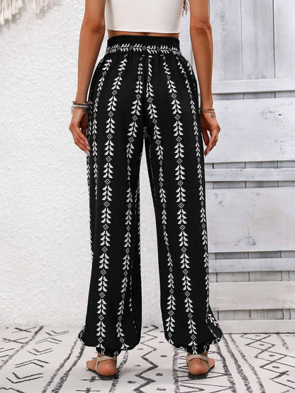 Tied Printed High Waist Pants - -