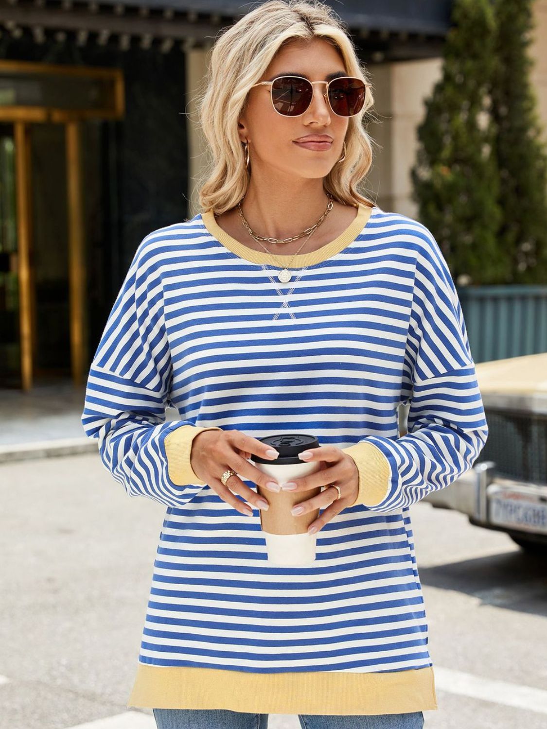 Slit Striped Round Neck Long Sleeve Sweatshirt