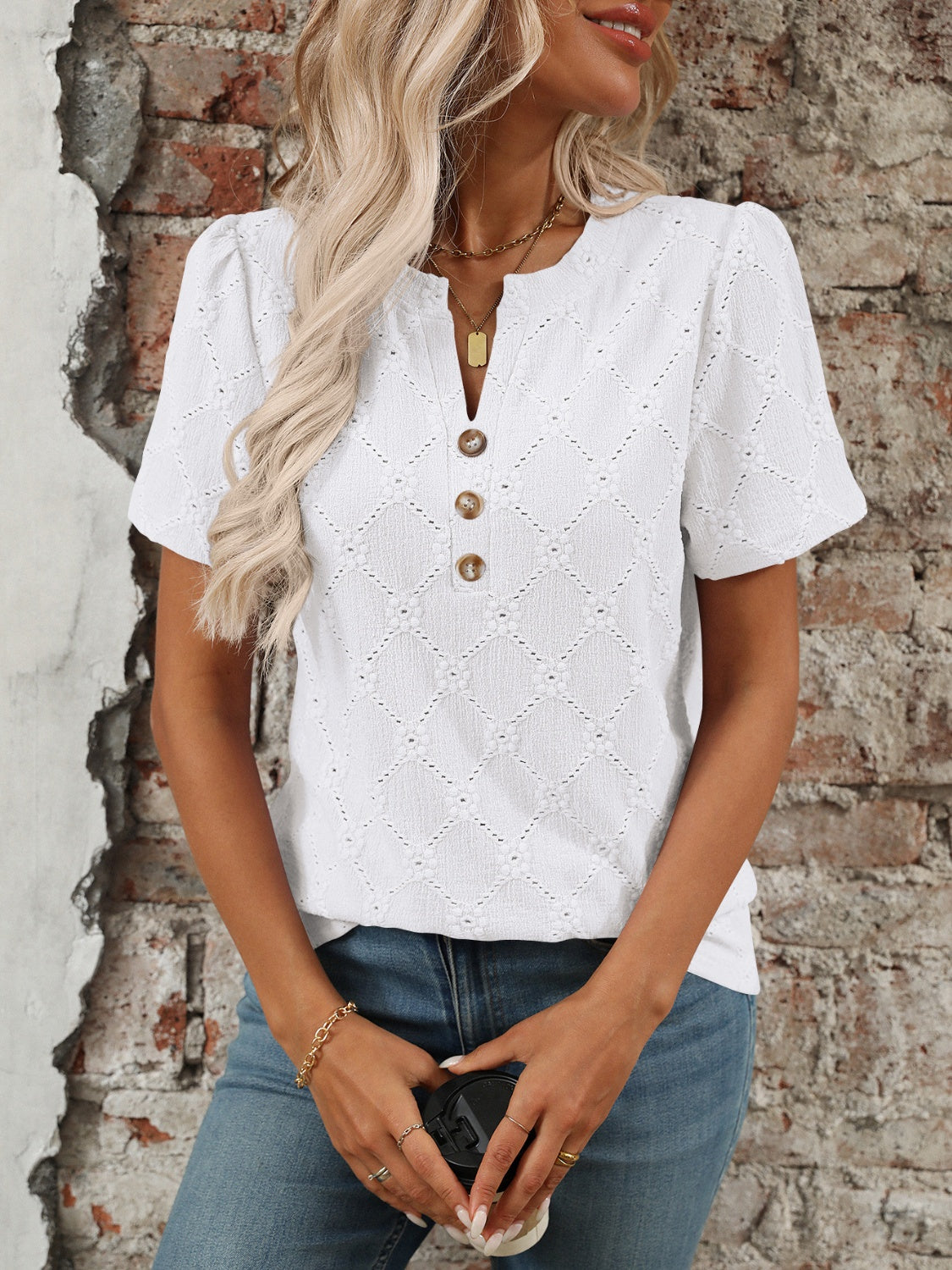 Eyelet Notched Short Sleeve Top - White -