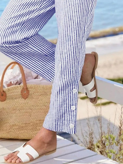 Full Size Striped Side Button Detail Pants Plus Size - -