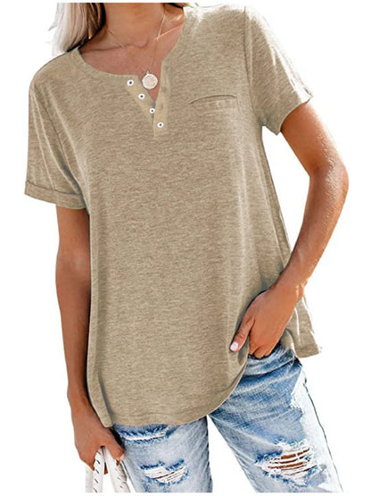 Full Size Notched Short Sleeve T-Shirt Plus Size - Khaki -