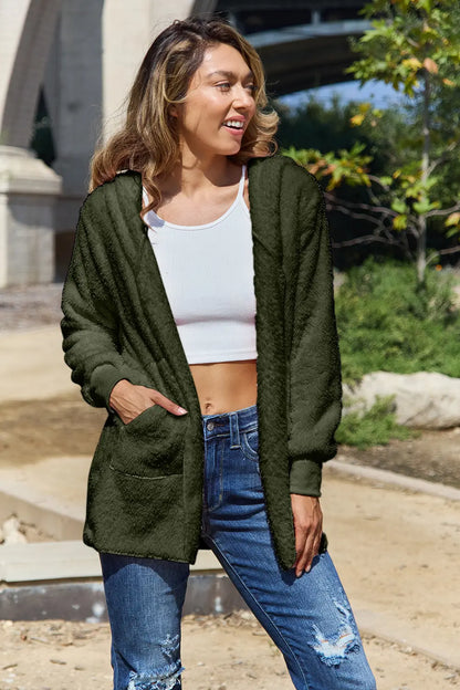 Full Size Teddy Hooded Jacket with Pockets - Army Green -
