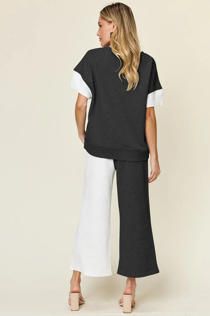 Double Take Full Size Texture Contrast T-Shirt and Wide Leg Pants Set - -