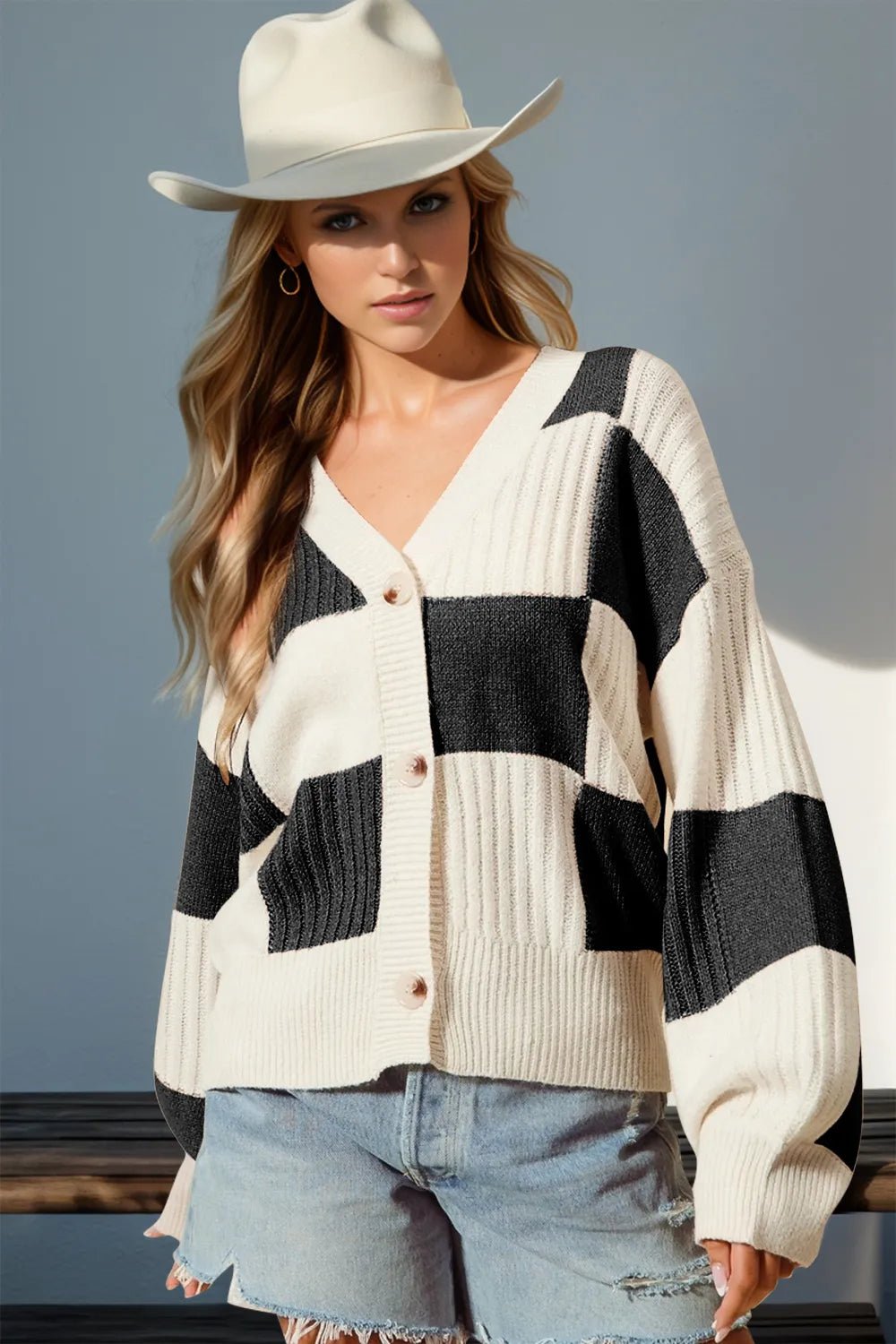 Double Take Full Size Checkered Dropped Shoulder Cardigan - Black -