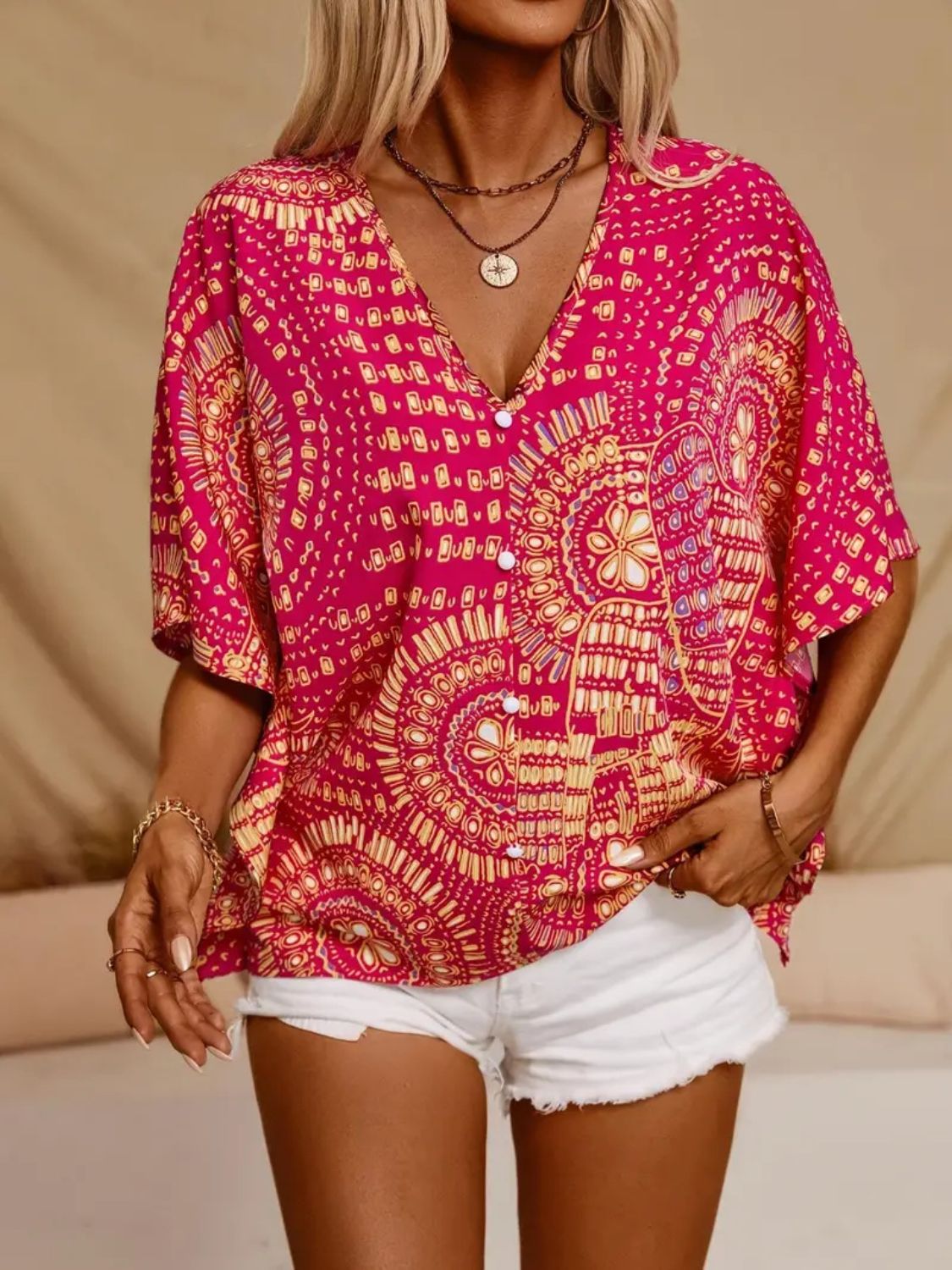 Printed V-Neck Half Sleeve Top - -