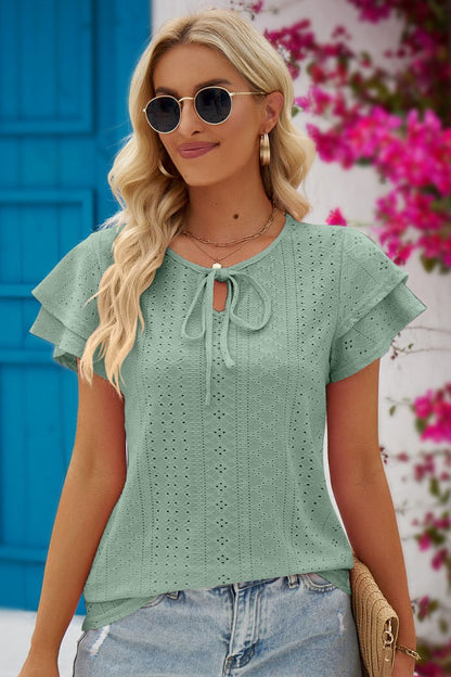 Mandy Eyelet Tie-Neck Flutter Sleeve Blouse