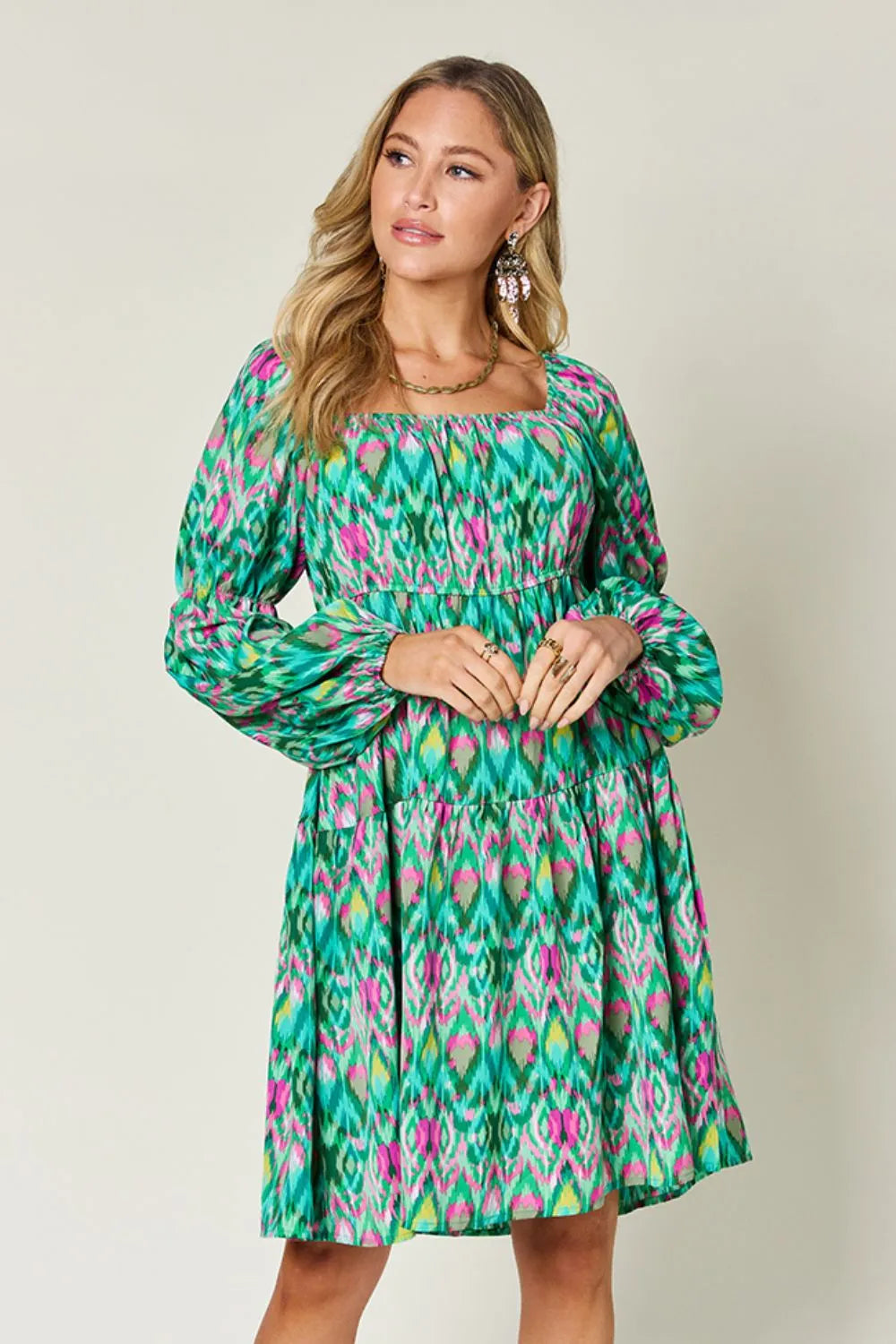 Double Take Full Size Printed Long Sleeve Dress – | Shannon’s Chique Boutique