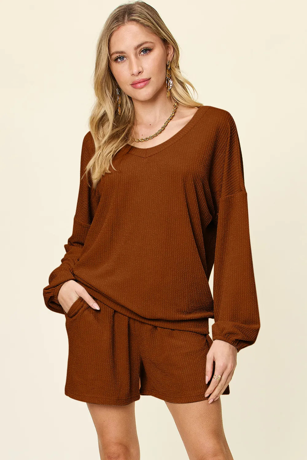 Double Take Full Size Texture V-Neck Long Sleeve T-Shirt and Shorts Set - Caramel -
