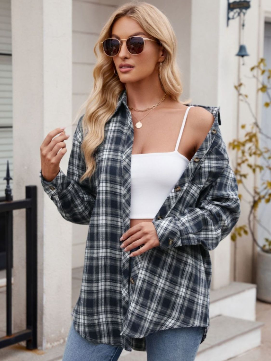 Pocketed Plaid Collared Neck Long Sleeve Shirt - -