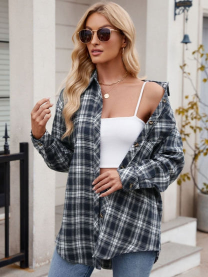 Pocketed Plaid Collared Neck Long Sleeve Shirt - -