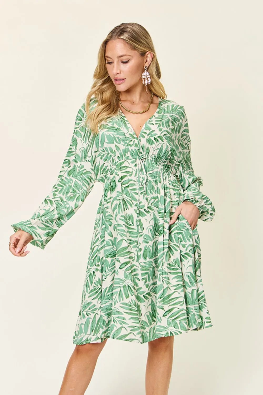 Double Take Full Size Printed Ruched Balloon Sleeve Dress – | Shannon’s Chique Boutique