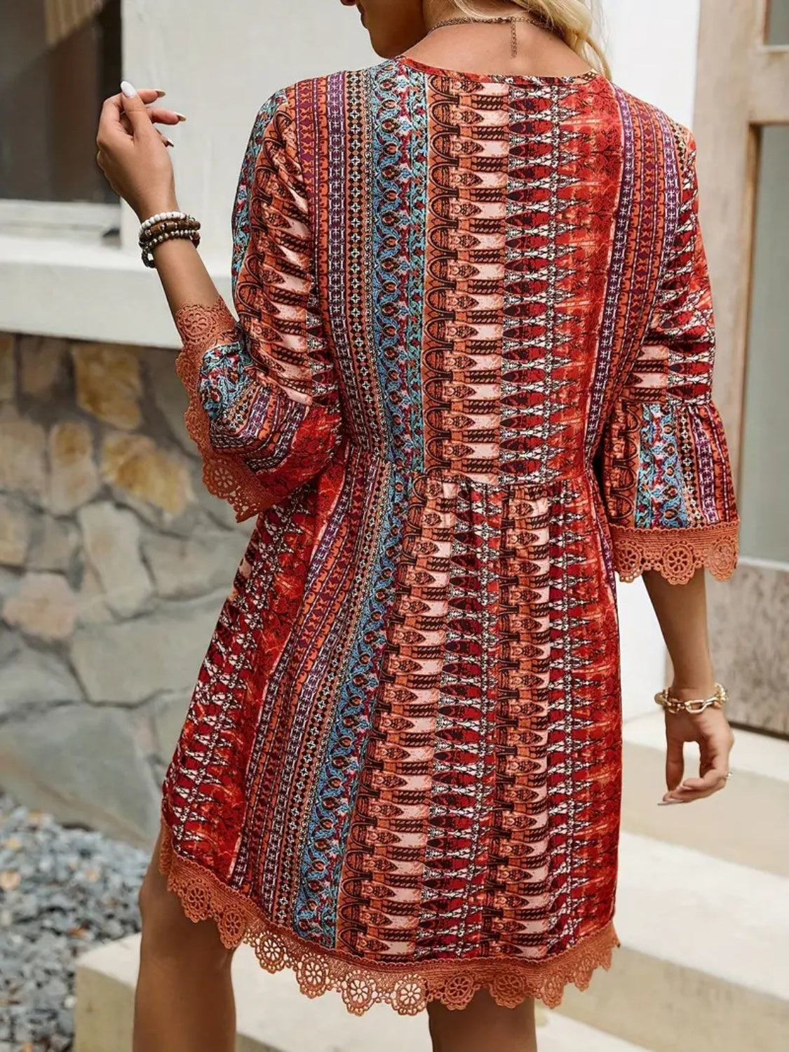 Lace Trim Printed V-Neck 3/4 Sleeve Dress - -