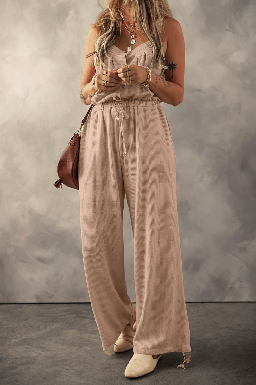 Knotted Straps Button Textured Drawstring Jumpsuit - Khaki -