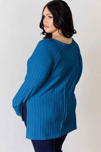 Basic Bae Full Size Ribbed Round Neck Slit T-Shirt - -