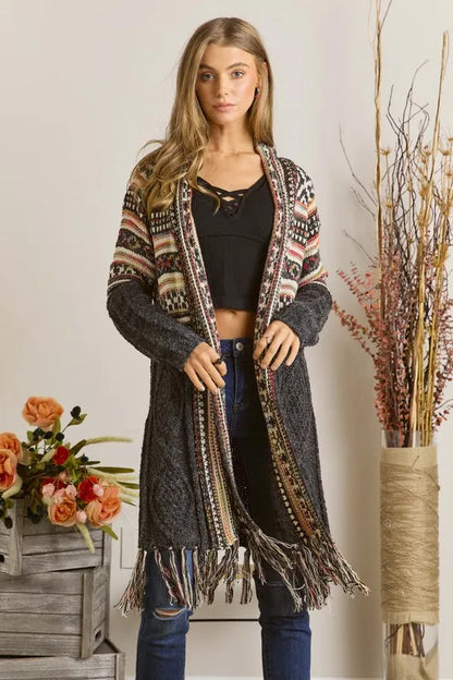 ADORA Full Size Fringe Hem Aztec Cardigan Plus Size.