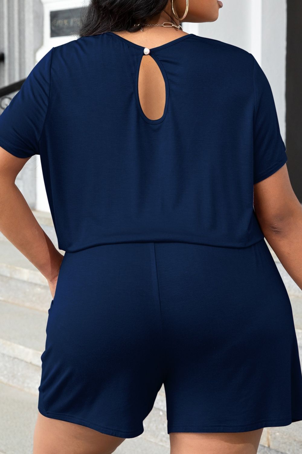 Plus Size Drawstring Waist Romper with Pockets - -