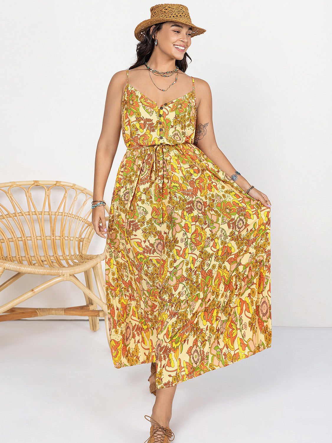 Plus Size Printed V-Neck Maxi Cami Dress - -