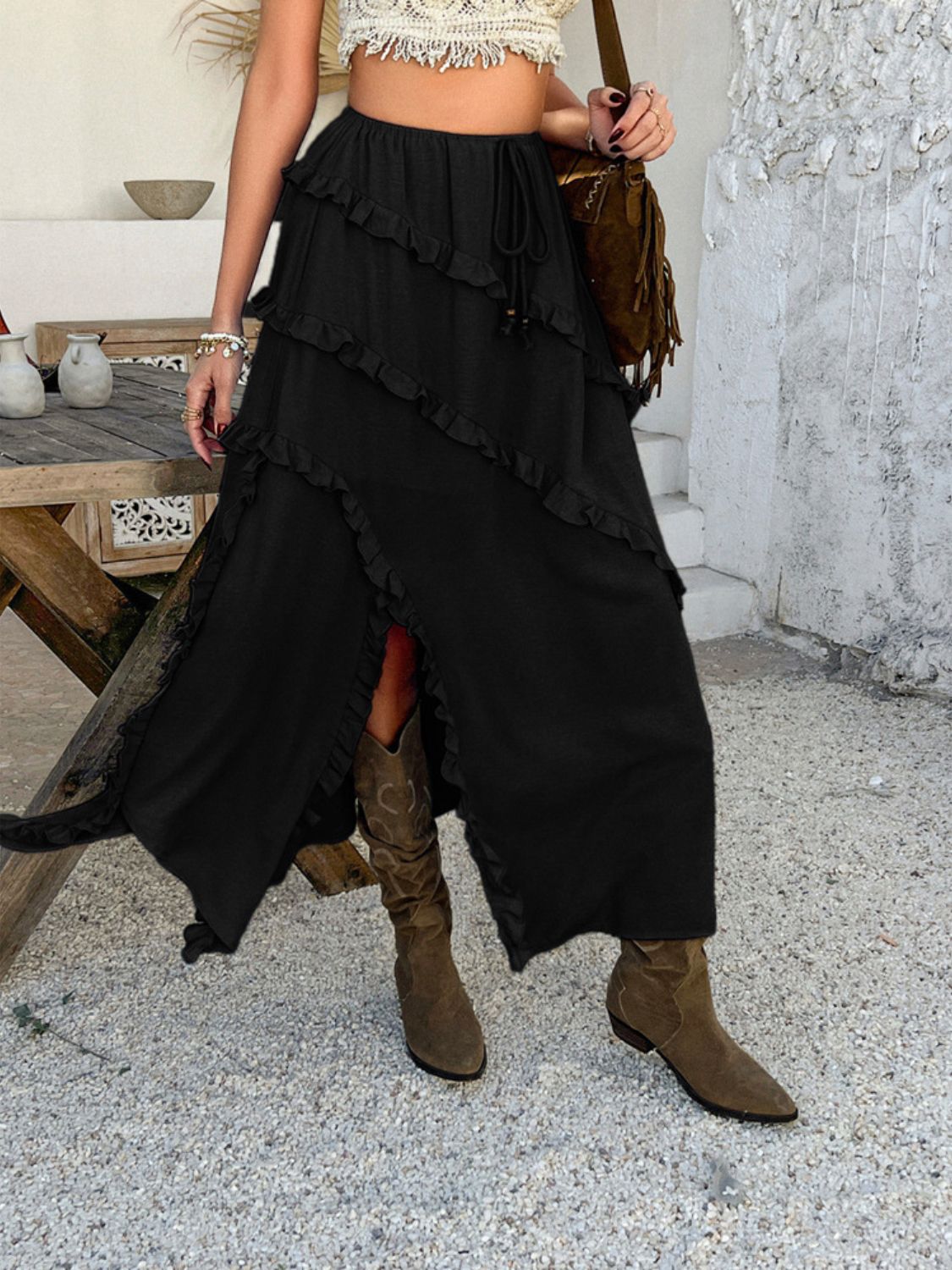 Devine Slit Drawstring Ruffled Skirt - -