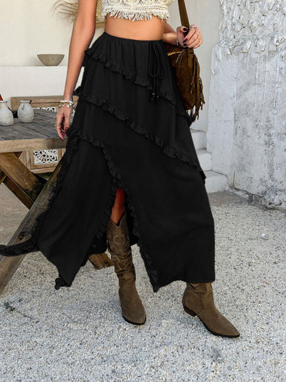 Devine Slit Drawstring Ruffled Skirt - -