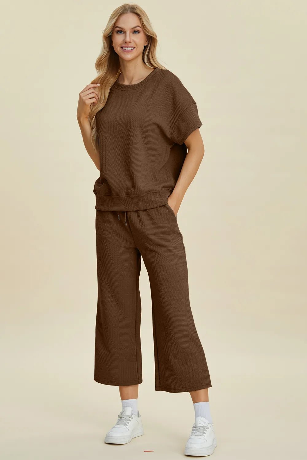 Double Take Full Size Texture Round Neck Top and Pants Set - -