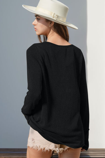 Double Take Full Size Notched Thumbhole Long Sleeve T-Shirt - -