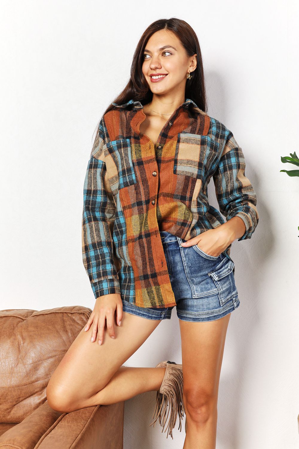 Double Take Plaid Curved Hem Shirt Jacket with Breast Pockets - -
