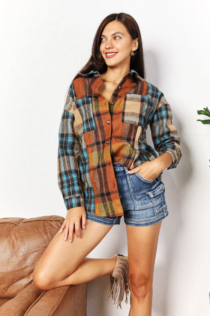 Double Take Plaid Curved Hem Shirt Jacket with Breast Pockets - -