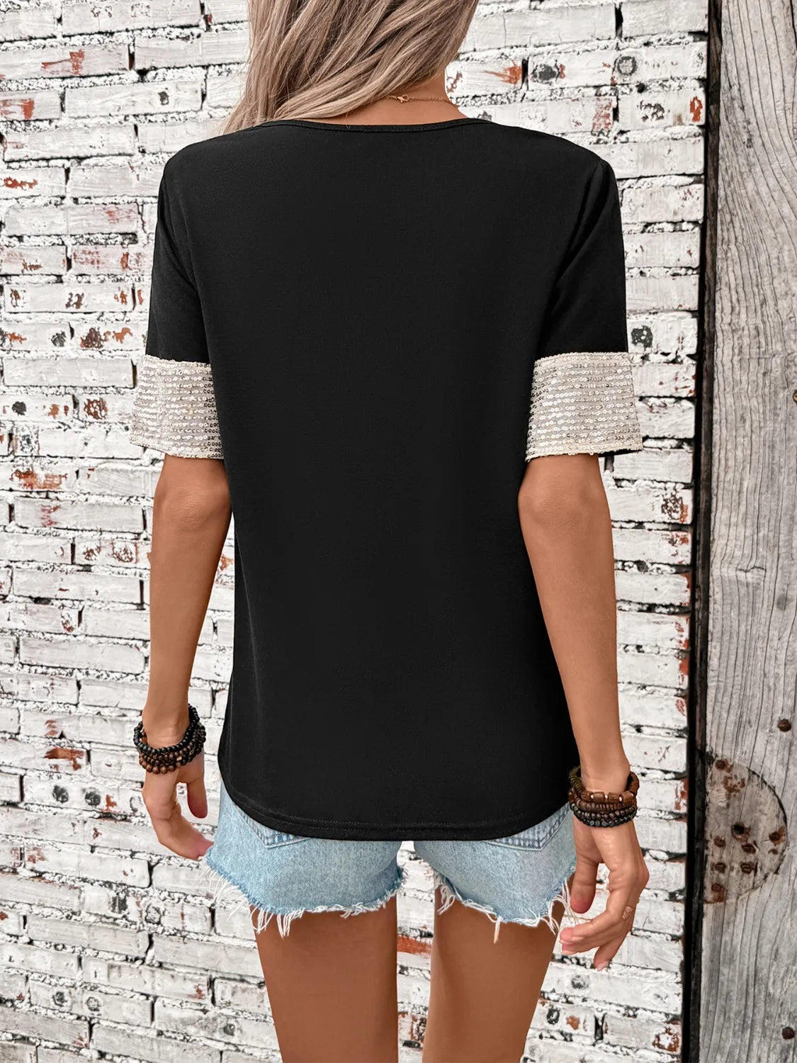 Sequin V-Neck Short Sleeve T-Shirt - -