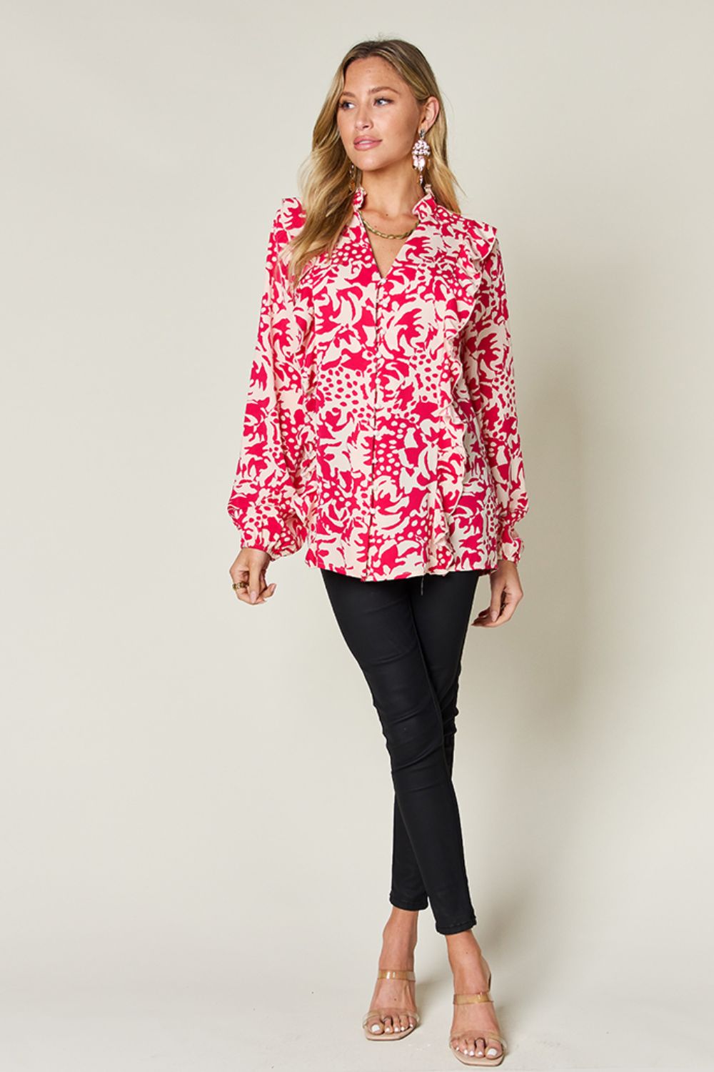 Double Take Full Size Printed Ruffle Trim Balloon Sleeve Shirt - -