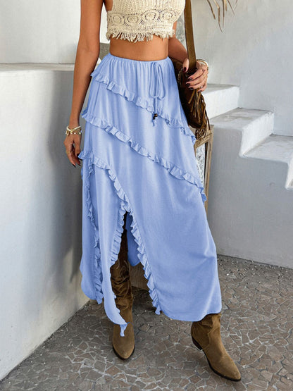 Devine Slit Drawstring Ruffled Skirt - Light Blue -