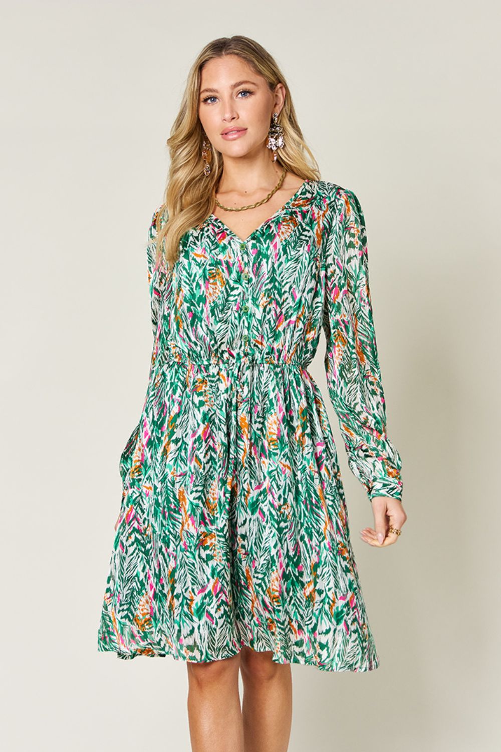 Double Take Full Size Printed Drawstring Waist Long Sleeve Dress - Turquoise -