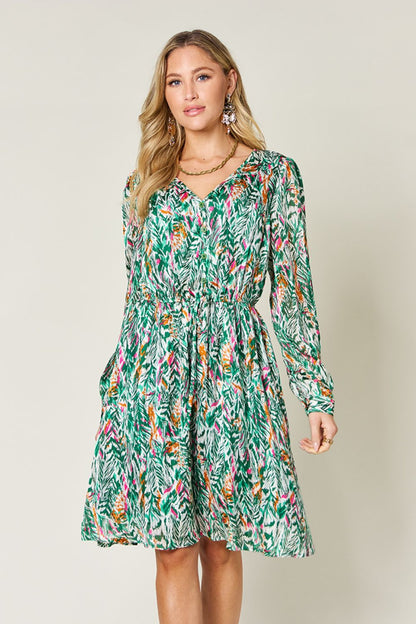 Double Take Full Size Printed Drawstring Waist Long Sleeve Dress - Turquoise -