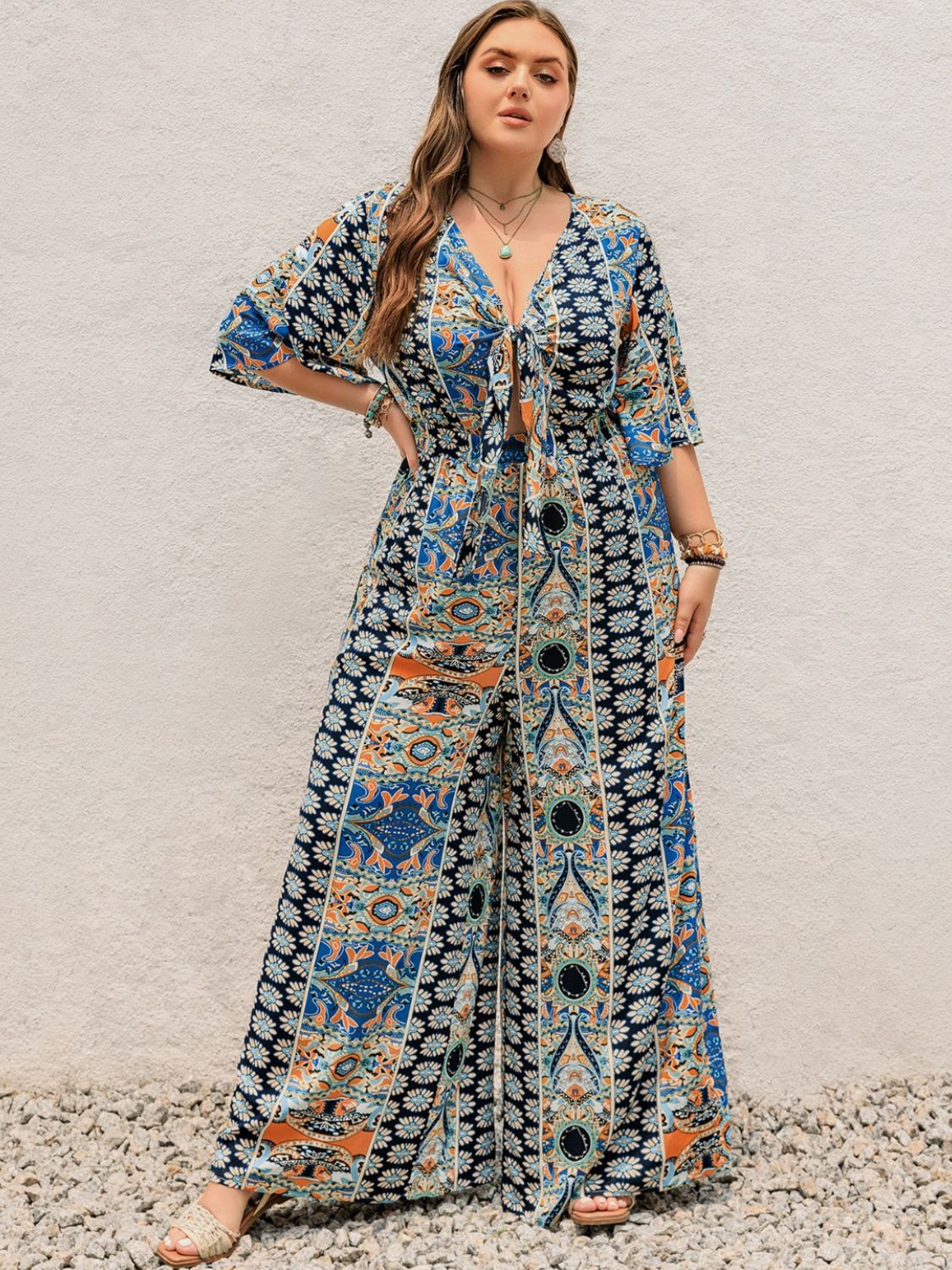 Plus Size Printed Half Sleeve Wide Leg Jumpsuit - -
