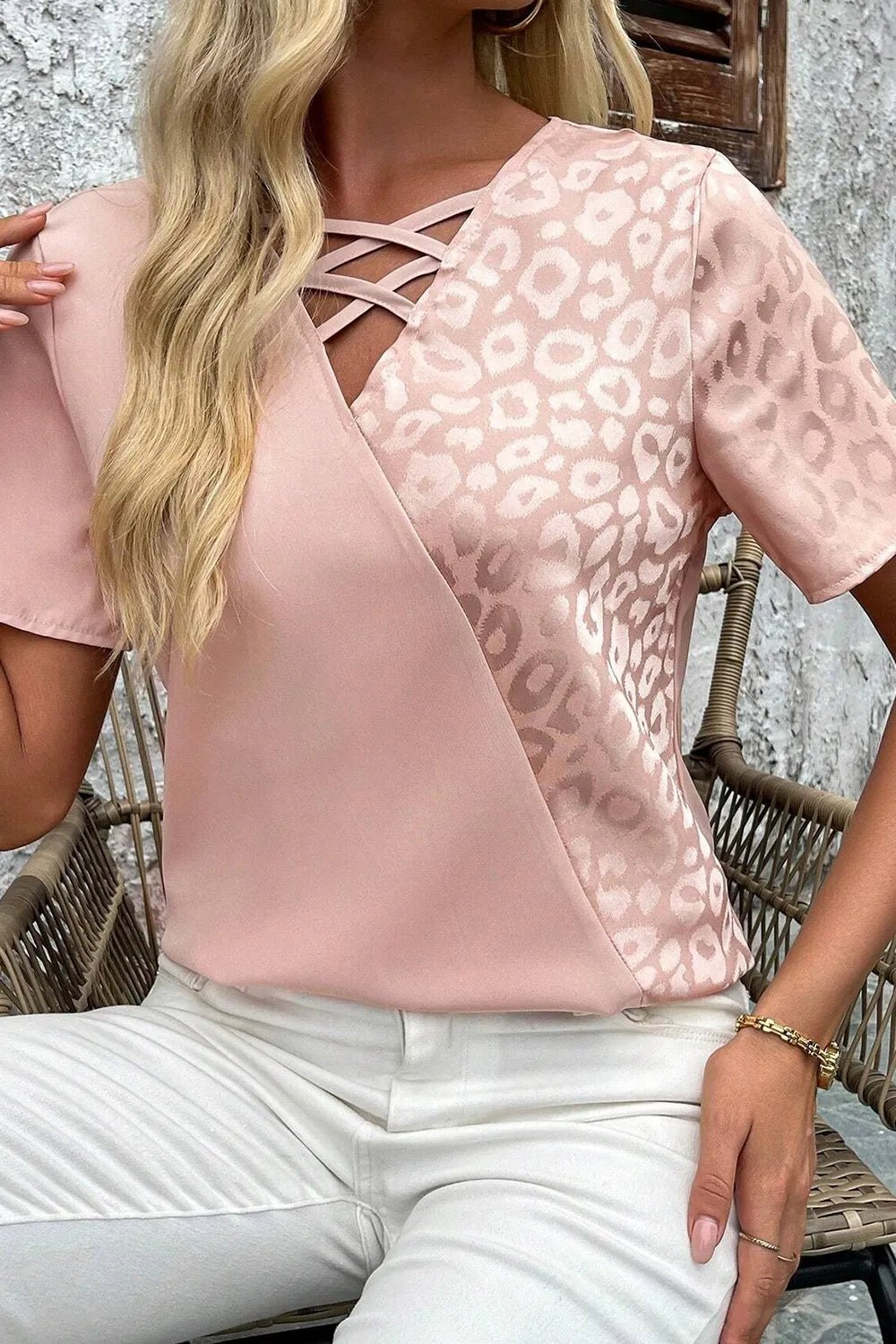 Leopard Jacquard Patchwork Crisscross V Neck Short Sleeve Blouse - -