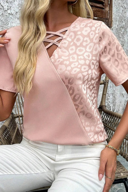 Leopard Jacquard Patchwork Crisscross V Neck Short Sleeve Blouse - -