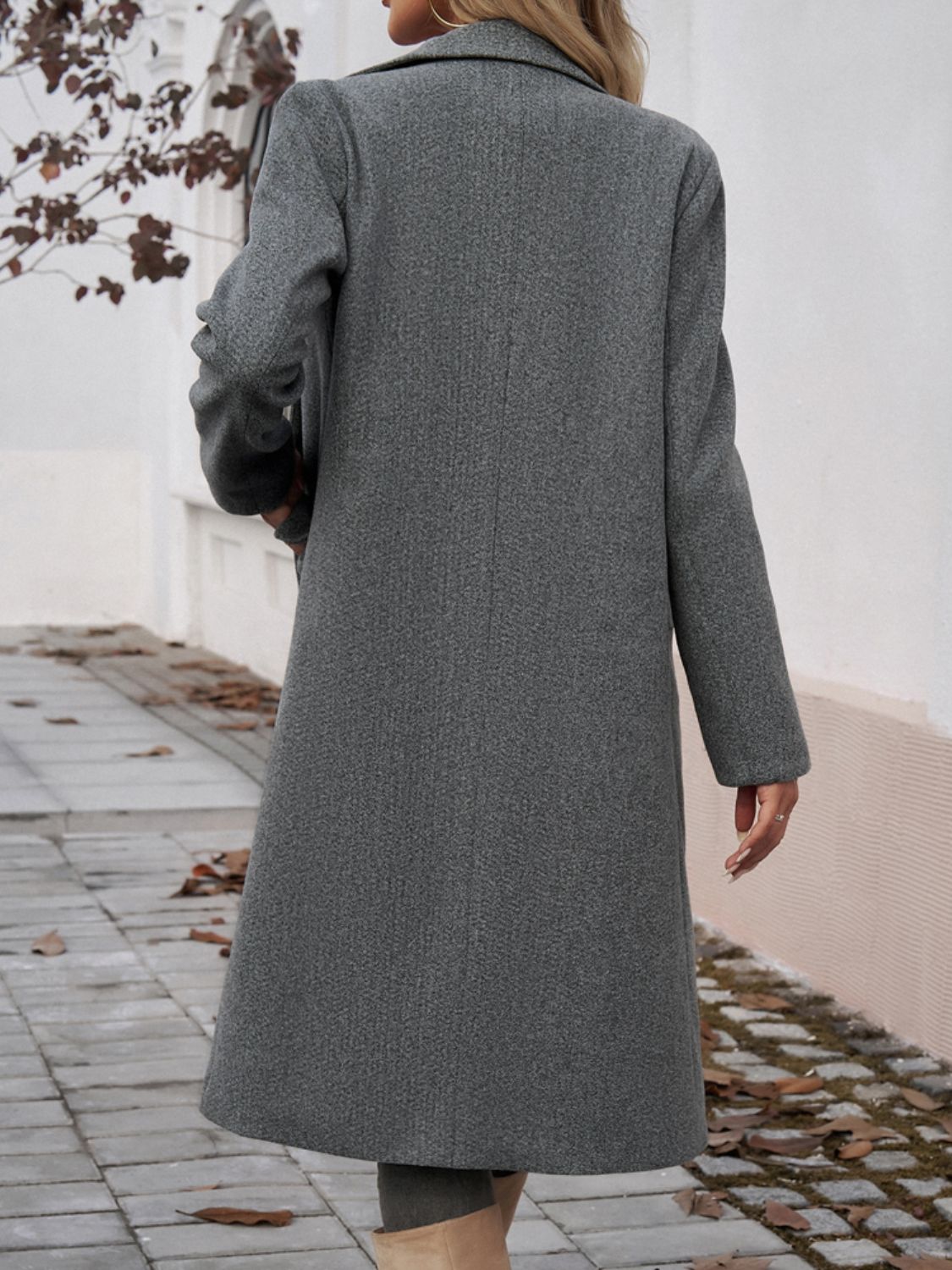 Devine Pocketed Collared Neck Long Sleeve Coat - -