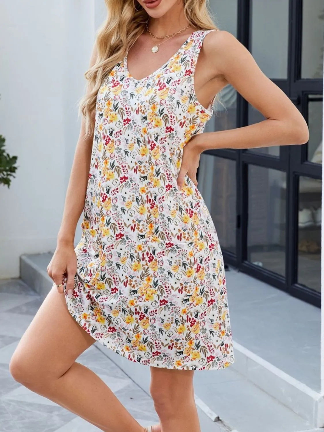 Printed V-Neck Sleeveless Mini Dress with Pockets - -