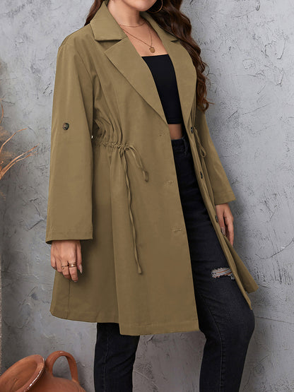 Honey Plus Size Lapel Collar Drawstring Roll-Tab Sleeve Trench Coat - -