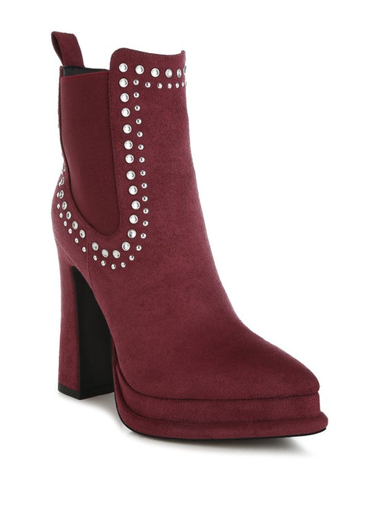 Burgundy suede ankle boot with block heel and silver stud detailing
