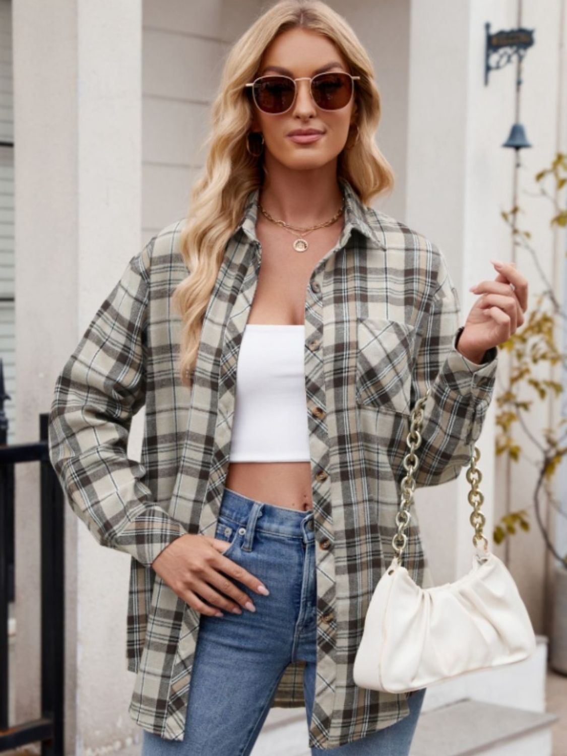 Pocketed Plaid Collared Neck Long Sleeve Shirt - -