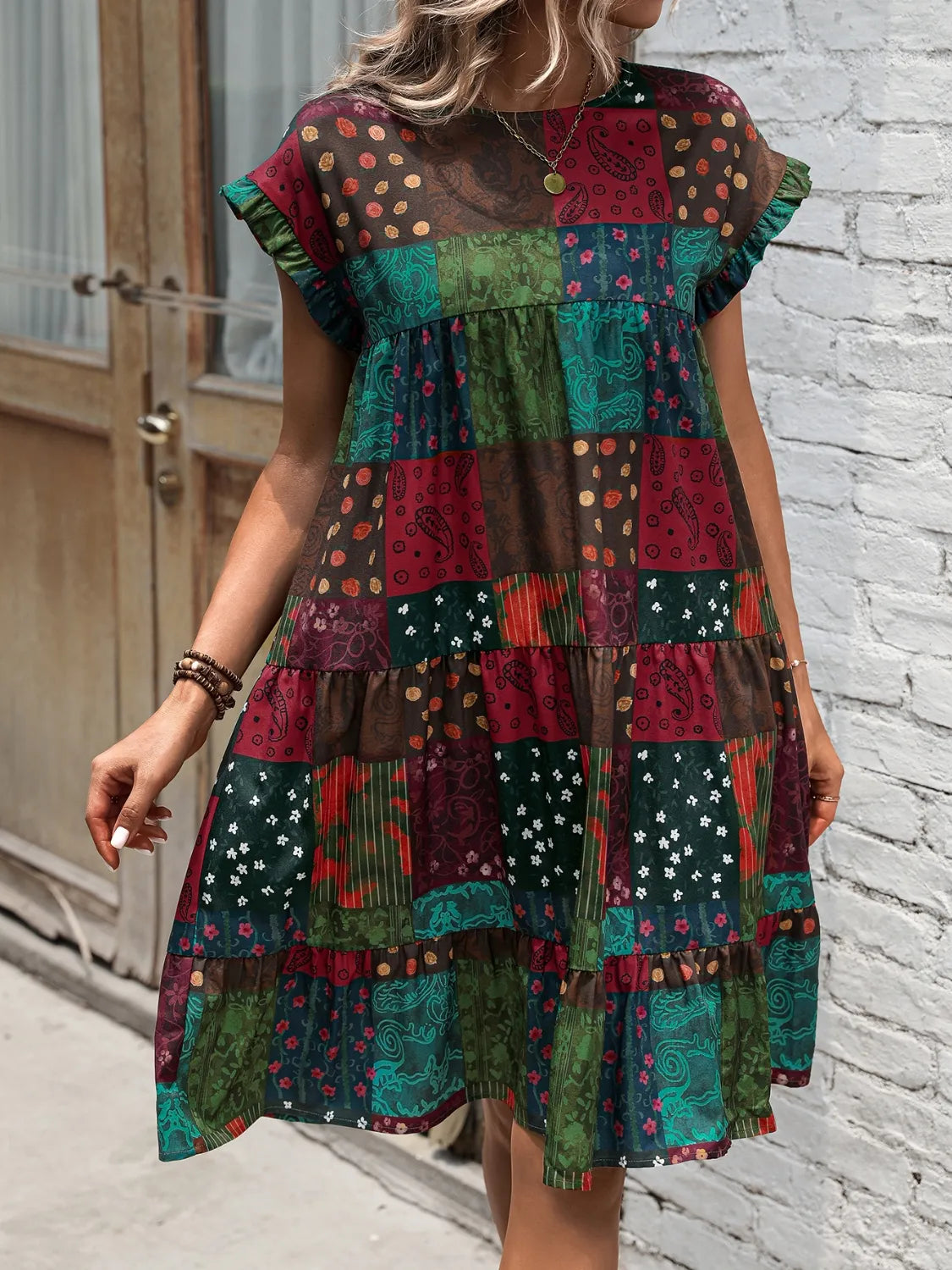 Color Block Print Short Sleeve Mini Dress - -