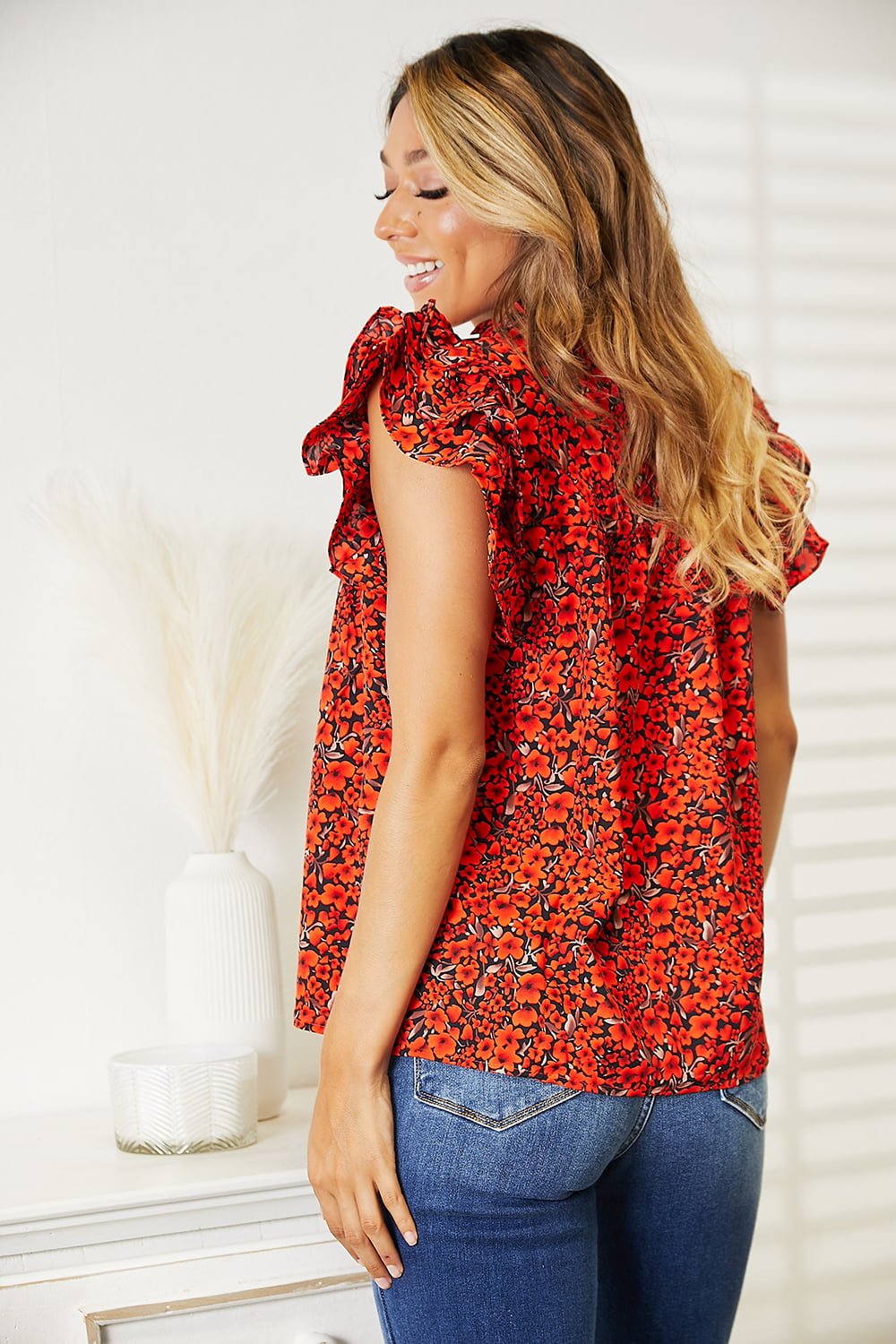 Double Take Floral Flutter Sleeve Notched Neck Blouse - -